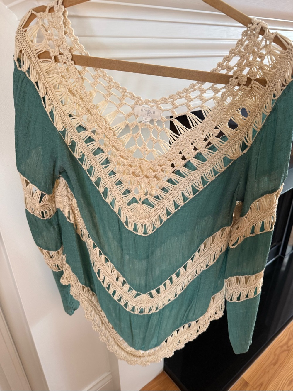 Umgee Teal Green Tunic with Cream Crochet Trim